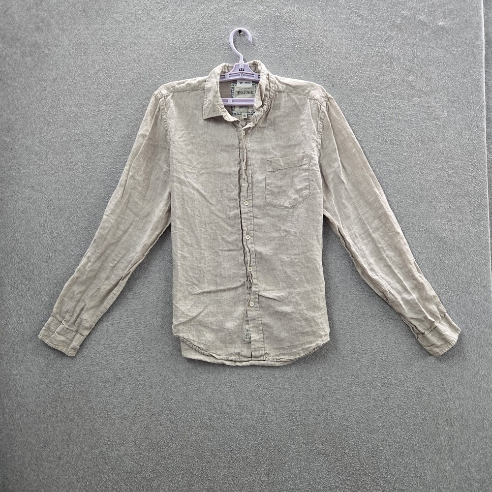 Heritage Men Button Up Shirt L Beige Linen Report Collection Long Sleeve